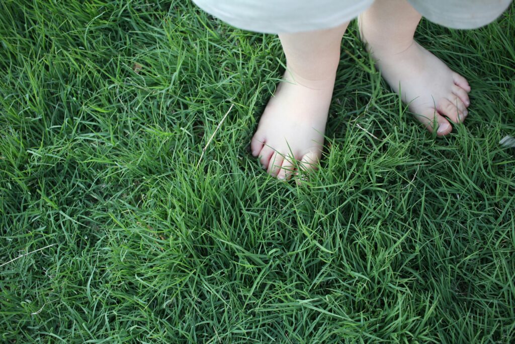 kid play barefoot on grass at Dog Free park.